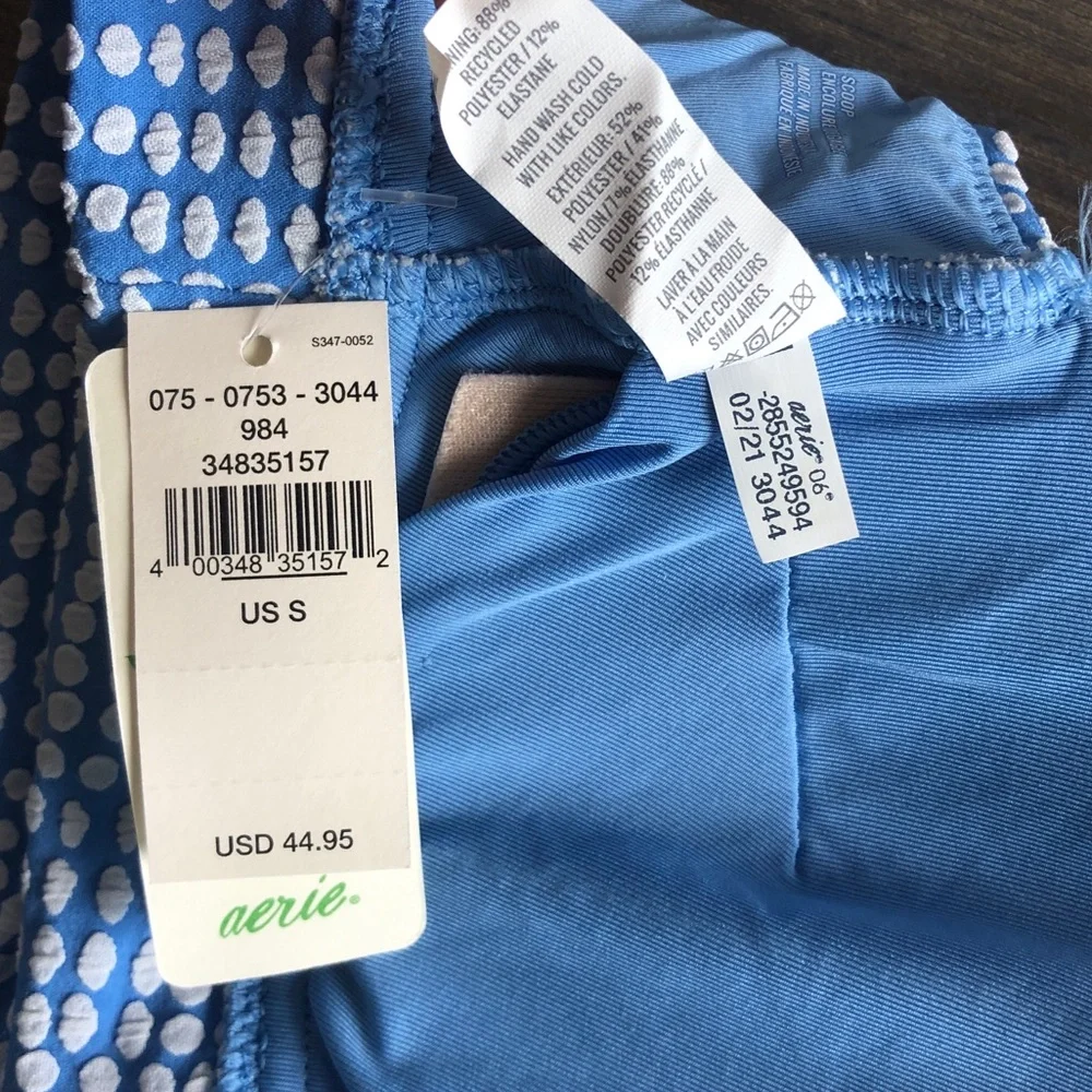 NWT Aerie Scoop Knot Front Bikini Top Blue White Jacquard Polka Dot